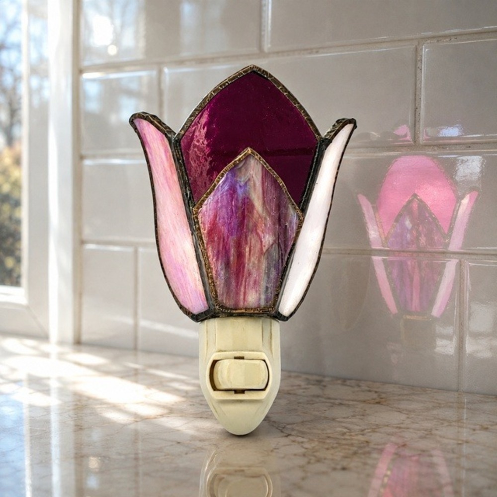 Vintage Stained Glass Tulip Night Light Pink Purple Plug In Tested Works